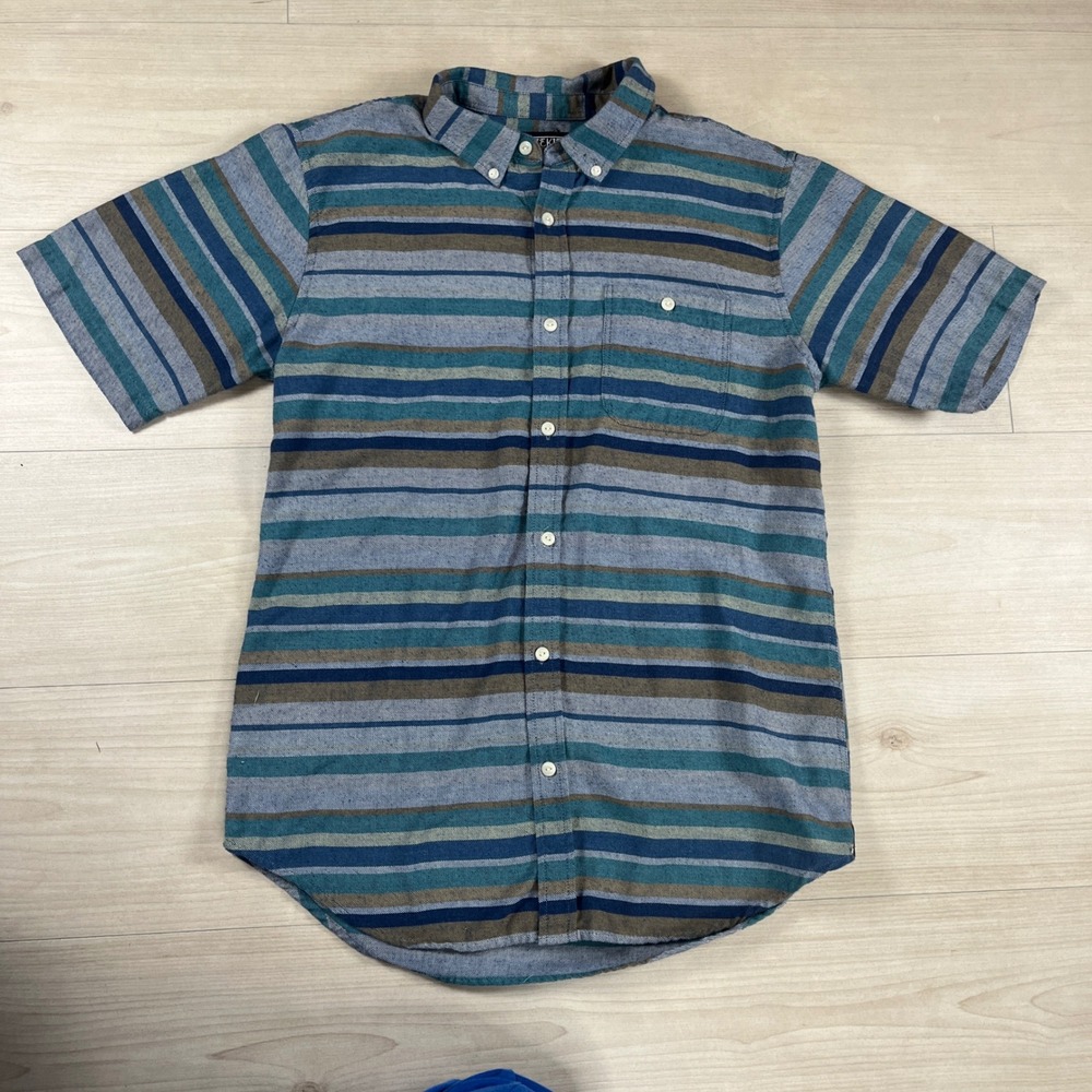 Ezekiel Y2K Mens Medium Blue Teal Striped Short Sleeve Button Down Shirt